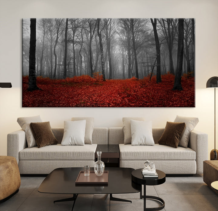 Impresión en lienzo de paisaje de arte de pared grande - maravilloso bosque con hojas rojas en el suelo