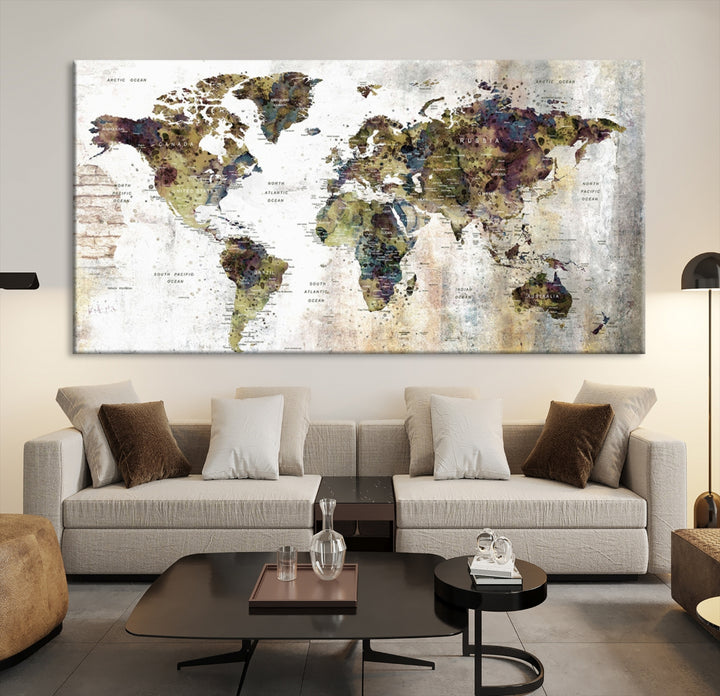 Vintage World Map Wall Art Print Grunge Map on Canvas Gallery Wall Set