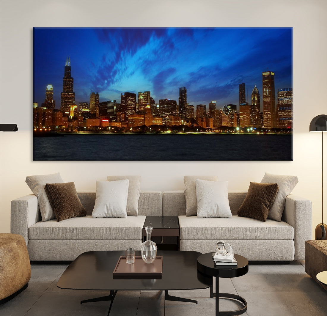 Chicago City Lights Night Blue Cloudy Skyline Cityscape View Large Wall Art Canvas Print