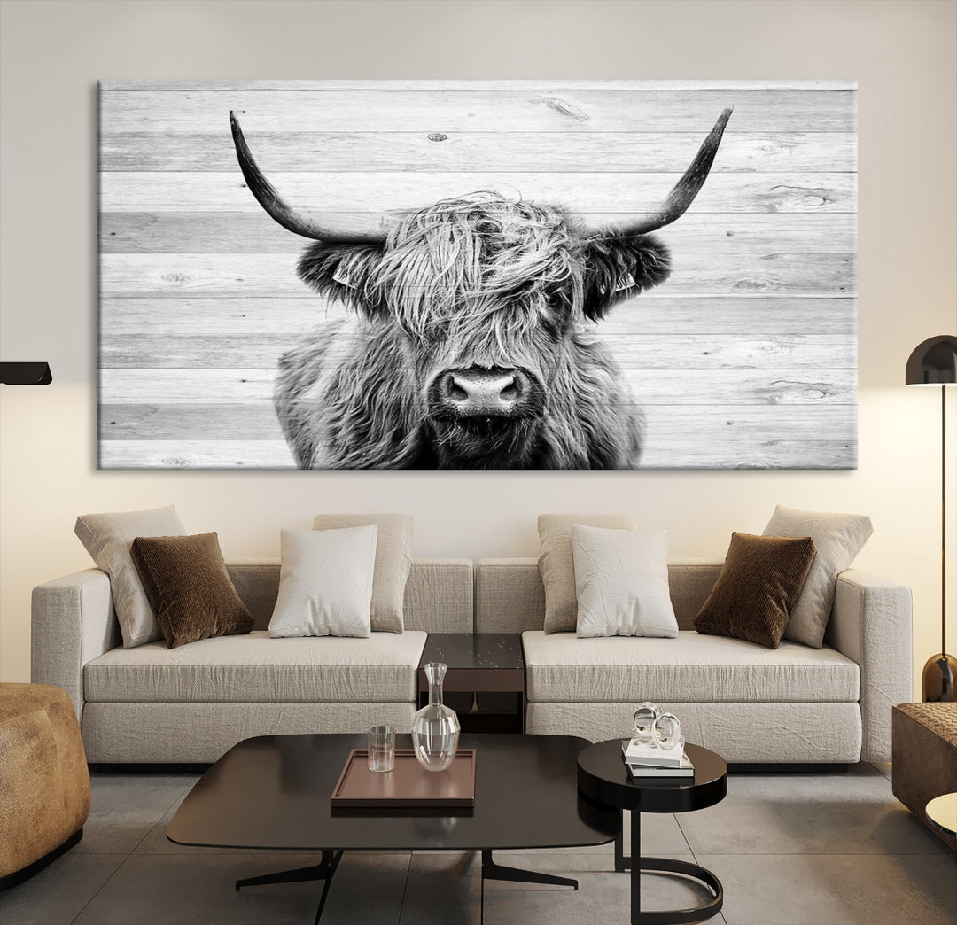 Lienzo de vaca de las Tierras Altas, arte de pared, decoración de granja, vaca, impresión en blanco y negro, decoración de pared rústica, pintura de animales, pared de vaca escocesa