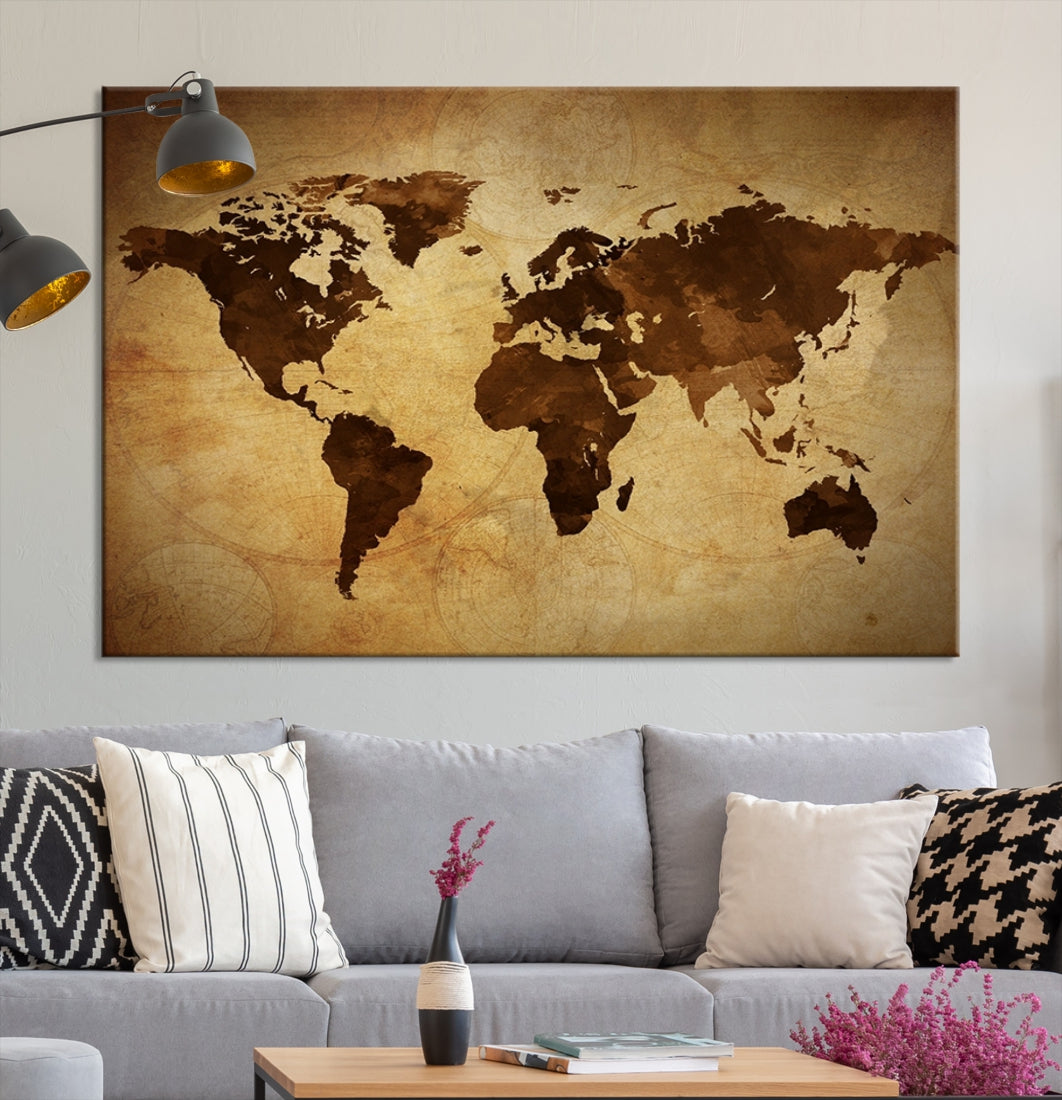 Old Style Sephia Coloured Decorative World Map Large Wall Art Canvas