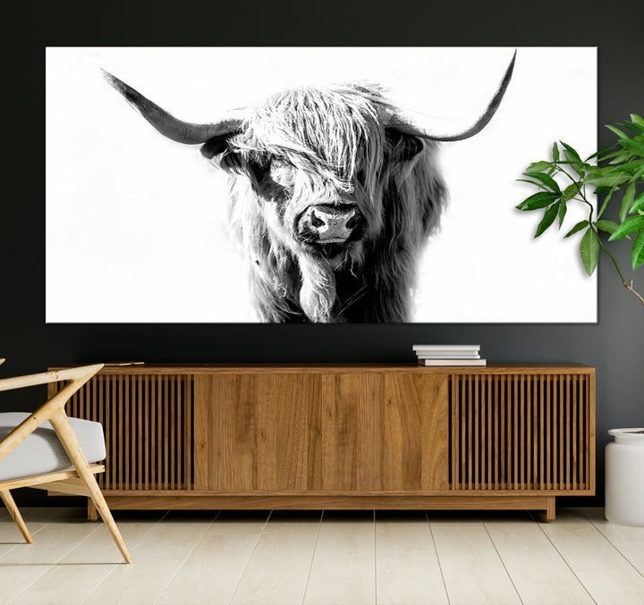 Highland Cow Lienzo extra grande para pared, arte de animales lindos, impresión de vaca, naturaleza, lienzo en blanco y negro, decoración de pared enmarcada