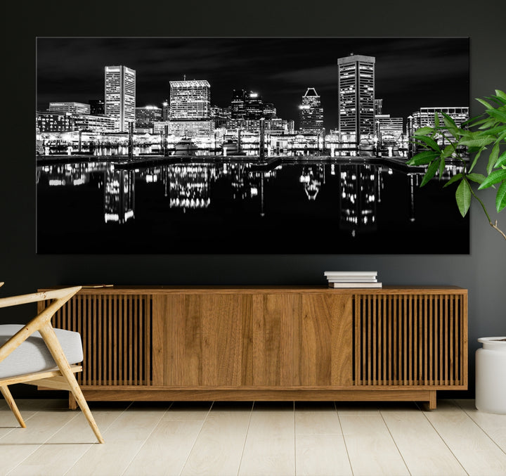 Baltimore City Lights Skyline Black and White Wall Art Cityscape Canvas Print