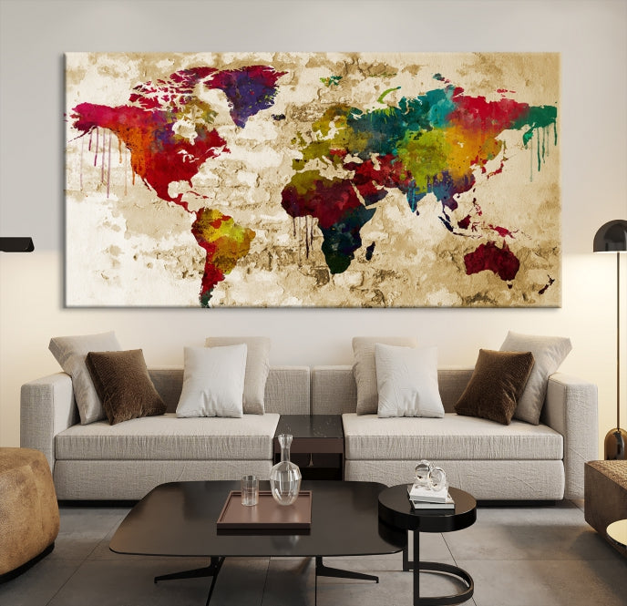 Impression sur toile de voyage de carte du monde aquarelle,