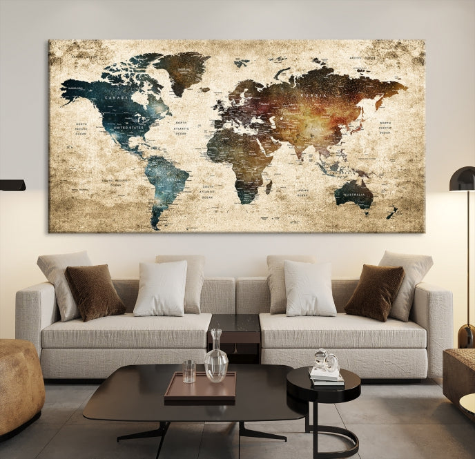 Impresión de lienzo del mapa mundial, impresión de lienzo de alfiler de mapa
