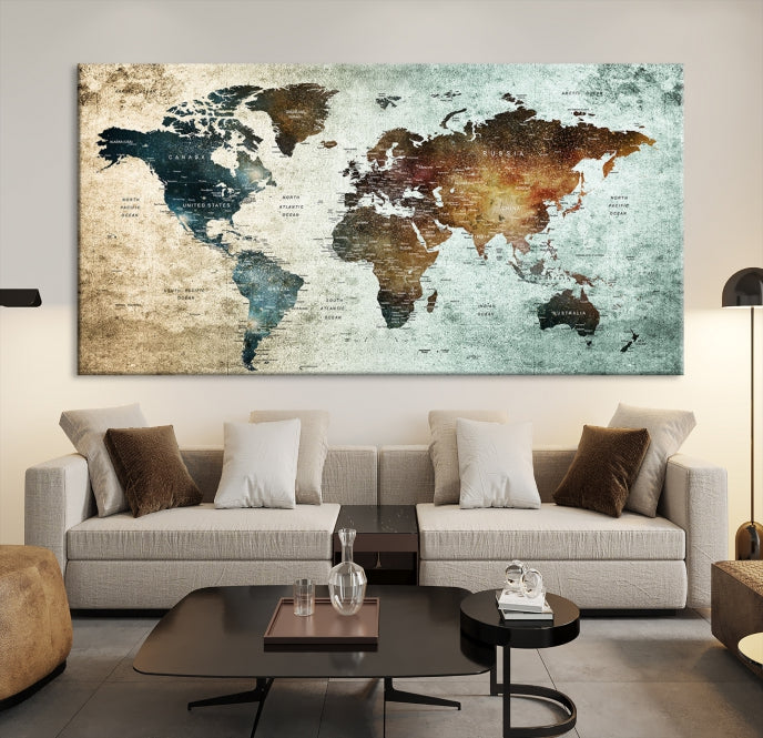 Push Pin Carte du monde aquarelle Wall Art Impression sur toile