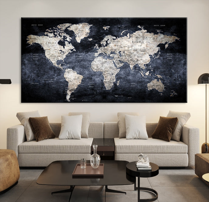 Alfiler metálico grande en blanco y negro, mapa mundial, arte de pared Lienzo