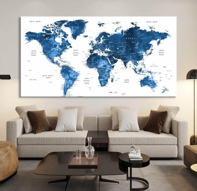 Navy Blue Watercolor Push Pin World Map Wall Art Canvas Print