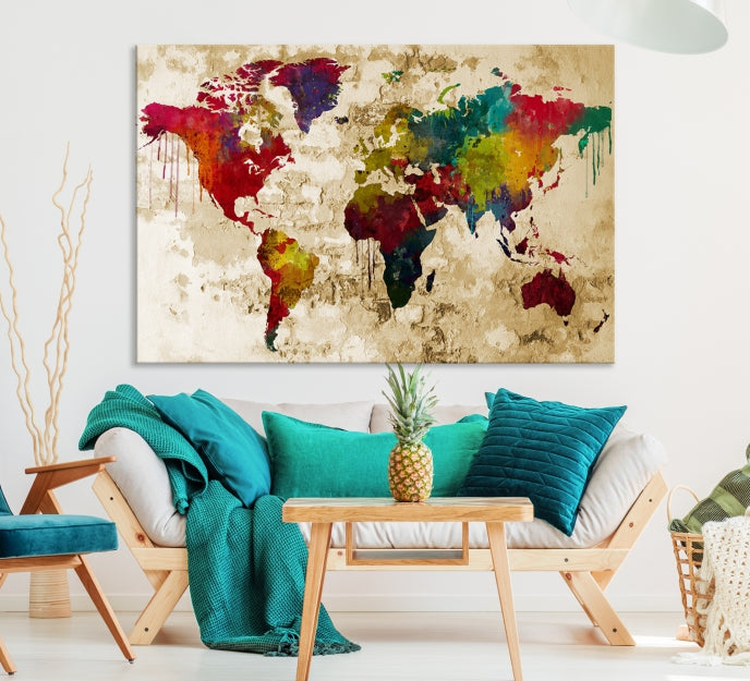 Watercolor Large Modern World Map Travel Canvas Print,