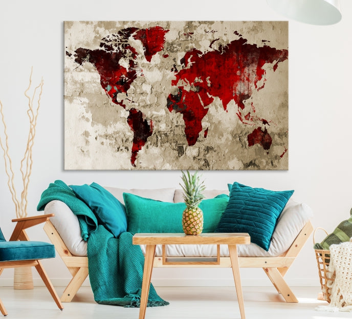 Mapa del mundo rojo grunge de arte de pared grande Lienzo