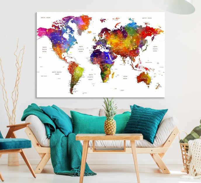 Watercolor World Map Push Pin Poster Print