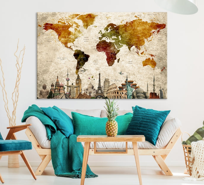 World Map Wall Art Canvas Print Gift for Adventure Lover