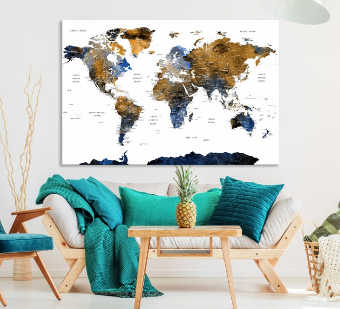 Dark Colored Push Pin Watercolor World Map Wall Art