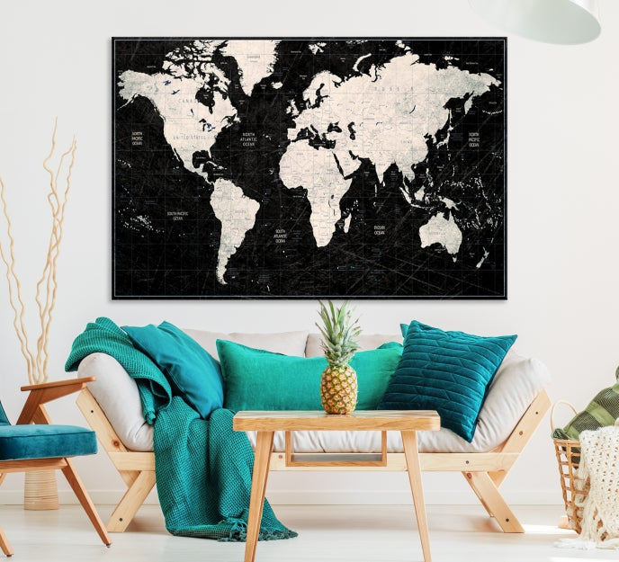 Black World Map Large Canvas Print