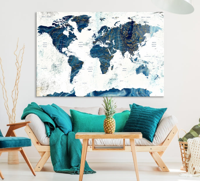 Navy Blue World Map Wall Art Canvas Print