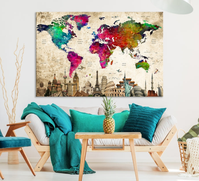 Colorful Canvas World Map Painting Wall Art Print