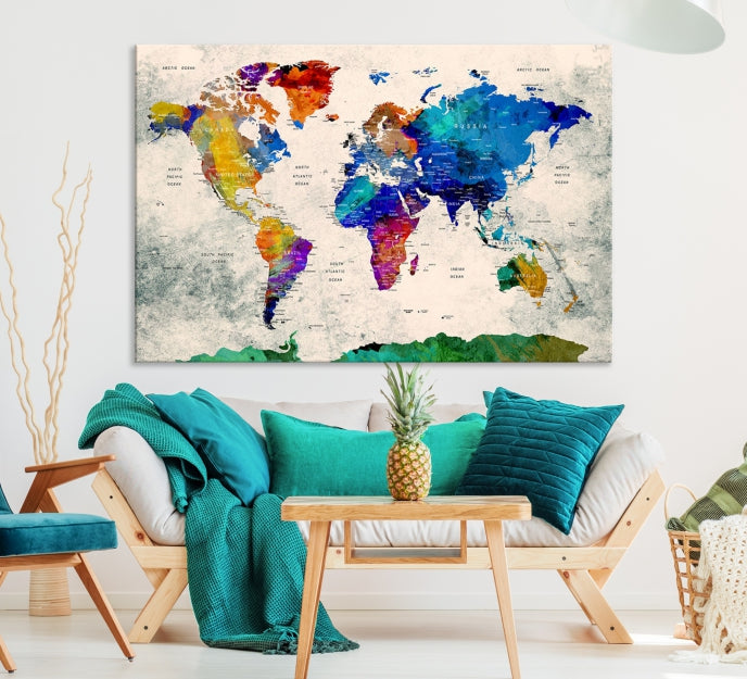 Colorful Push Pin World Map Wall Art Canvas Print