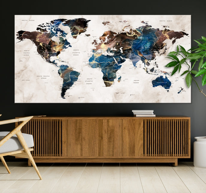 Large Push Pin World Map Wall Art Watercolor Painting Canvas Print