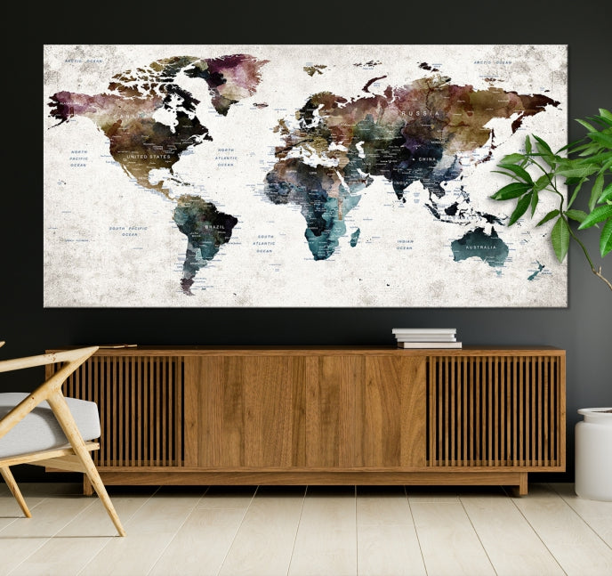 Dark Colored Push Pin World Map Wall Art Canvas Print