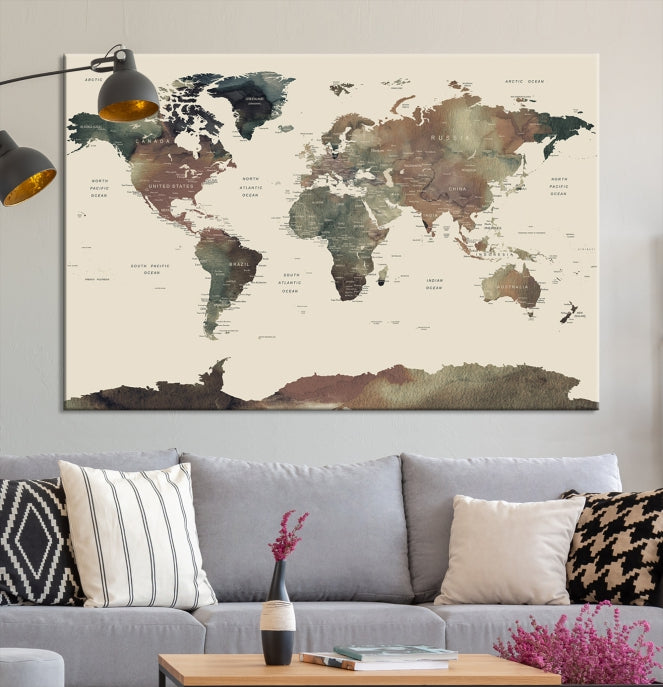 Impression d'art mural, impression de punaises de carte du monde sur toile