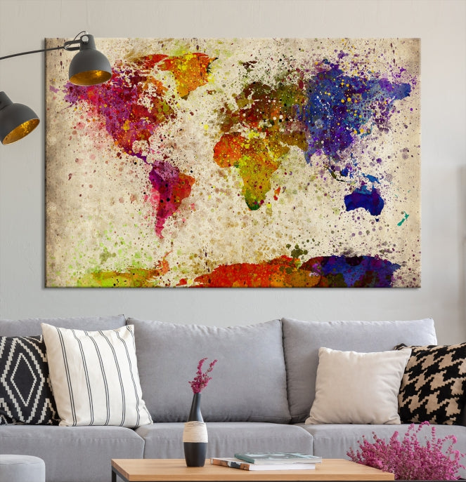 Carte du monde d’art mural, aquarelle, impression sur toile, carte du monde éclaboussée, carte de voyage