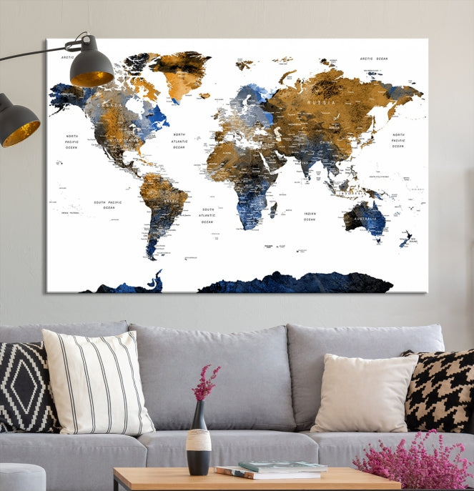 Mapa mundial de acuarela de pasador de empuje extra grande con arte de pared de la Antártida, arte de lienzo de mapa mundial, mapa de viaje de pasador de empuje