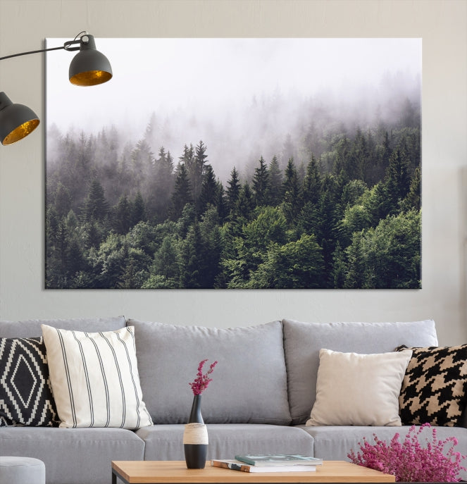 Impresión de lienzo grande de arte brumoso del bosque de moda, arte de la pared de la montaña de la obra de arte de los árboles del bosque brumoso