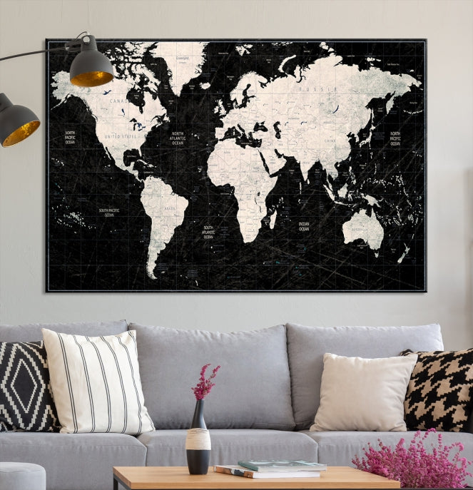 Carte du monde noire Impression sur toile