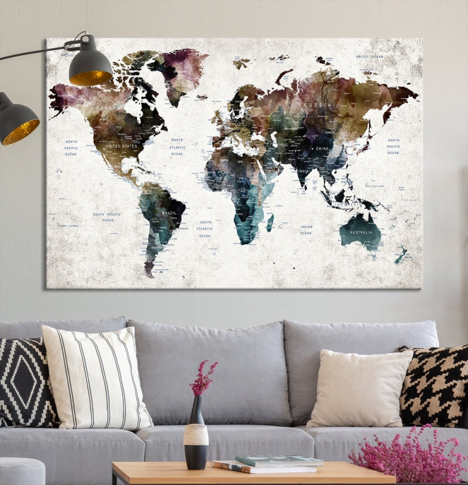 Arte de pared grande con mapa mundial y alfiler de color oscuro Lienzo