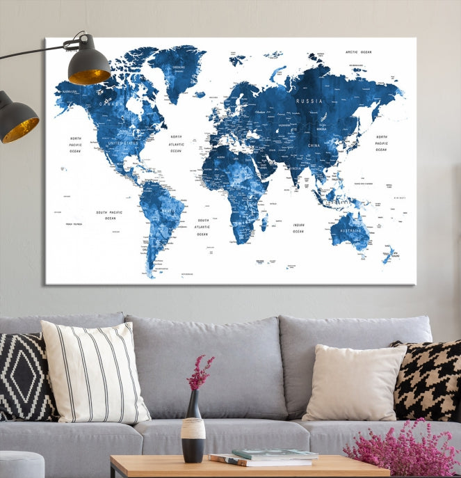 Blue Watercolor Push Pin World Map Wall Art Canvas Print
