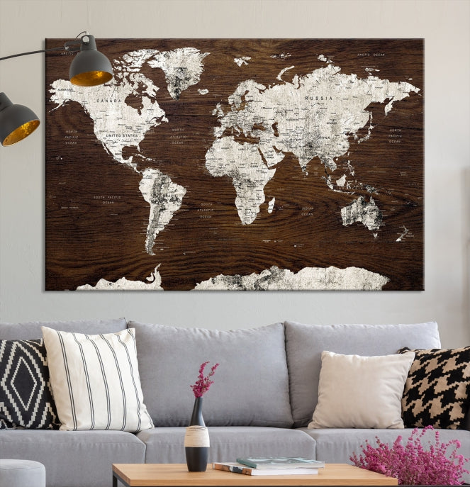 Arte de pared de mapa mundial grande sobre fondo marrón de madera Impresión de lienzo de mapa mundial