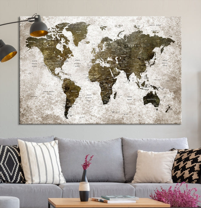Carte du monde marron vintage aquarelle Art mural Impression sur toile
