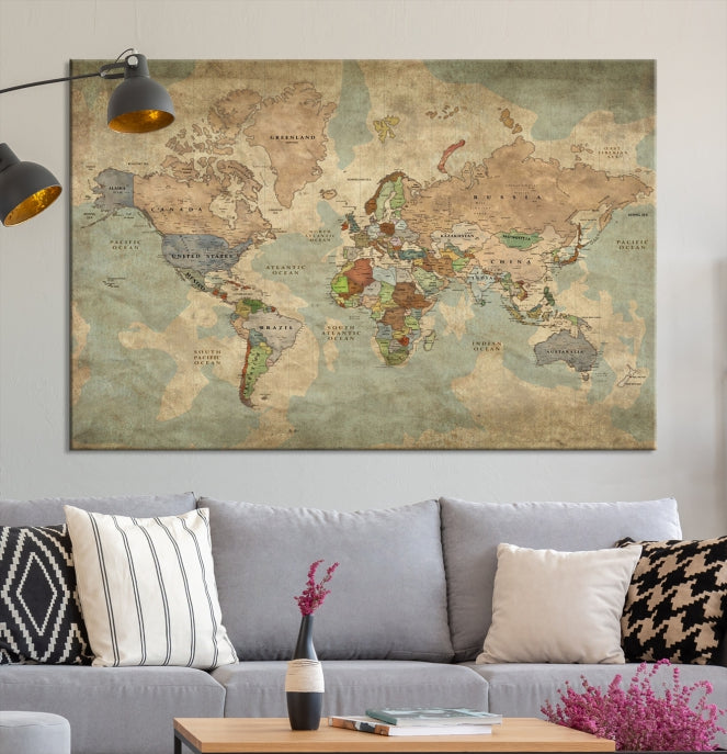 Nostalgic Grunge World Map Wall Art World Map Canvas Print