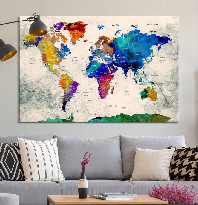 Colorful Push Pin World Map Wall Art Canvas Print