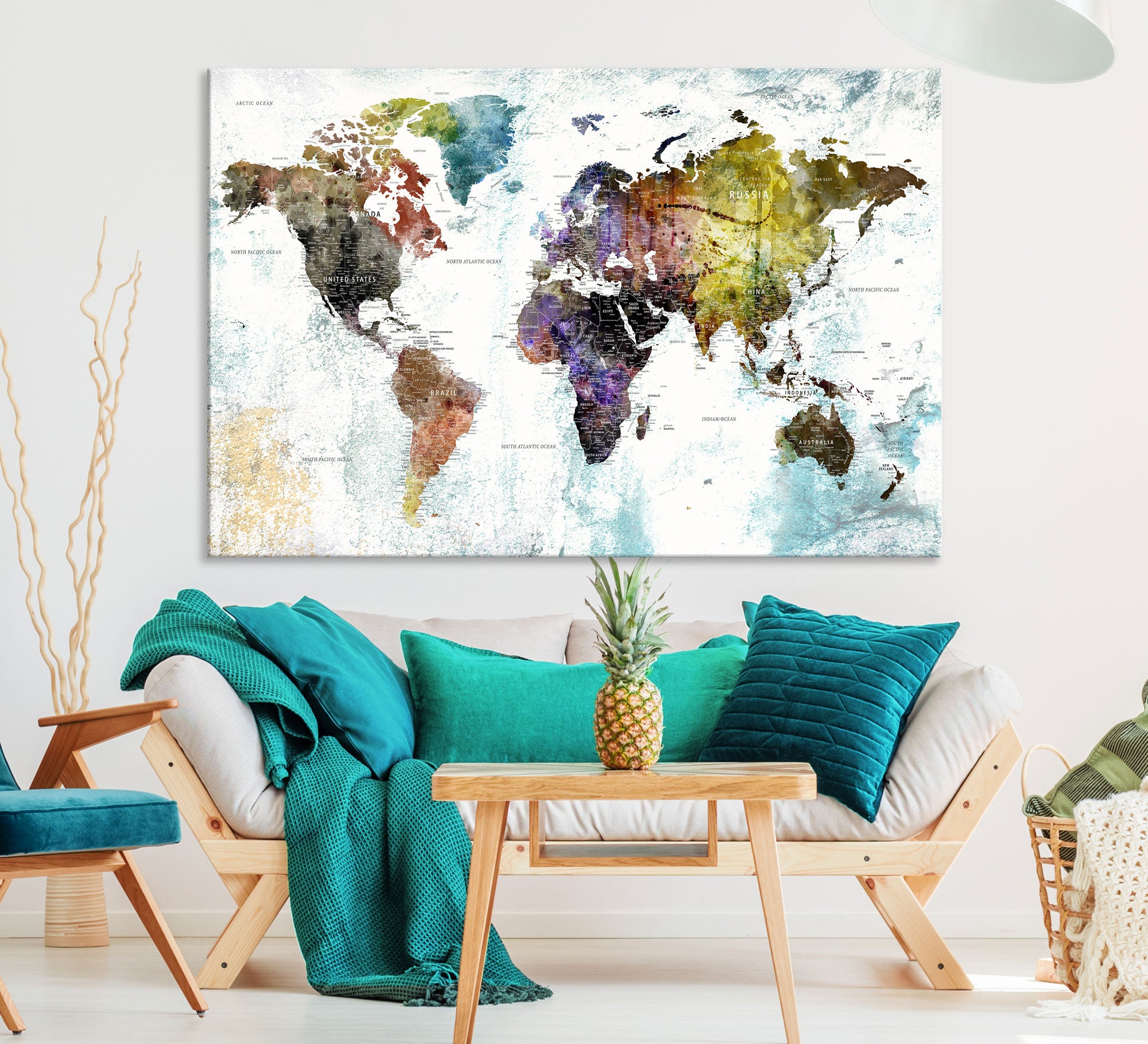 Detailed Large Wall Art World Map Canvas Print, Push Pin World Map Travel Gift for Him
