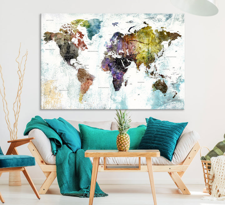 Impresión detallada de lienzo del mapa del mundo del arte de la pared grande, regalo de viaje del mapa del mundo del push pin para él