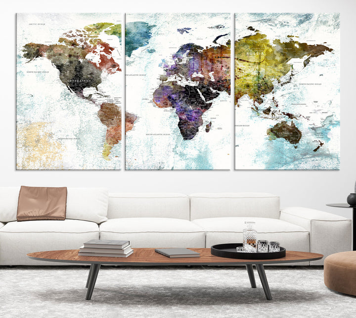Impression détaillée de toile de carte du monde d’art mural, cadeau de voyage de carte du monde de punaise pour lui