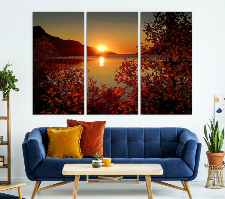 Wall Art Canvas Sunset over Sea and Mountain Between Flowers