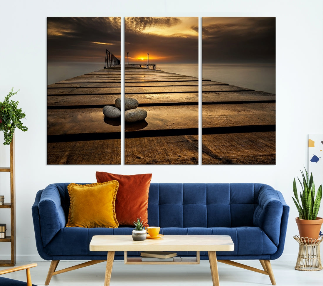 Stones on Wooden Pier at Sunset Large Wall Art Canvas