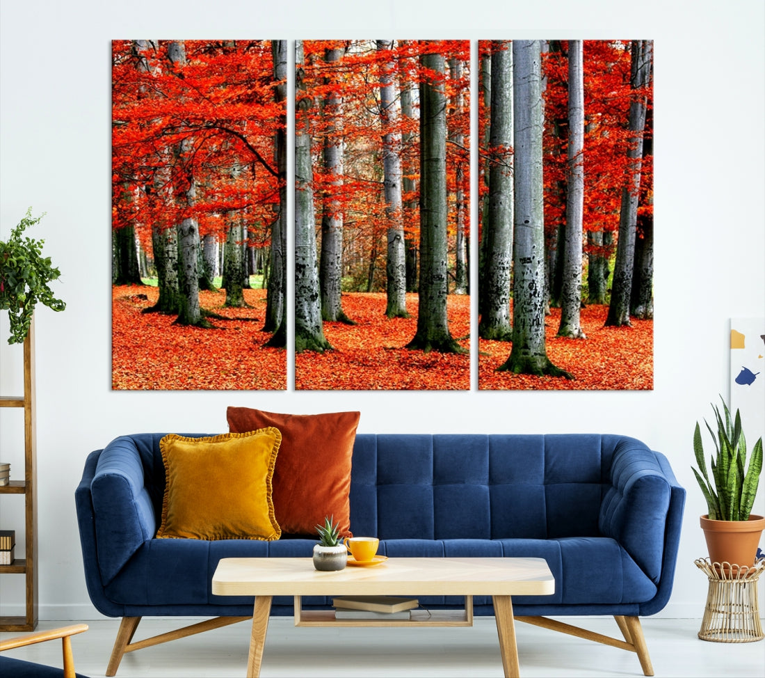 Large Wall Art Landscape Canvas Print - Red Leaves on Trees on Red Ground