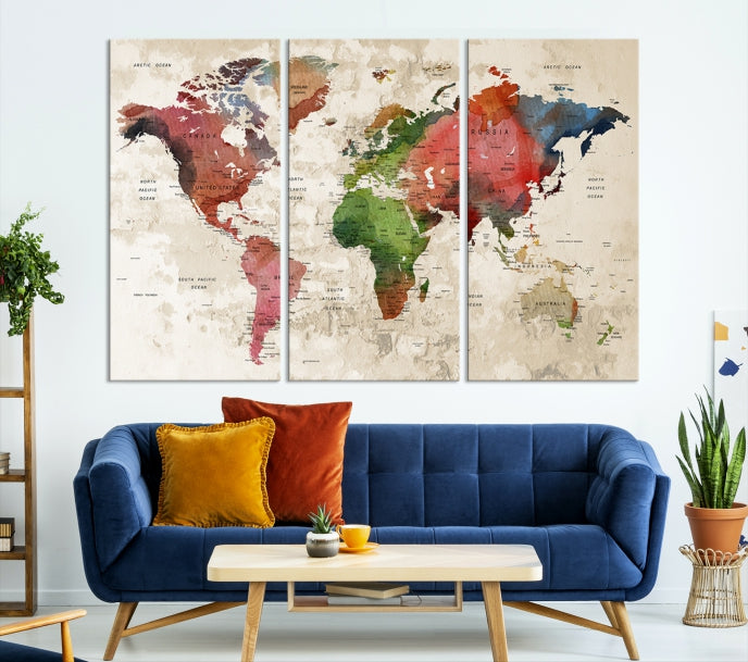 Watercolor World Map Push Pin Travel Lover Wall Art Canvas Print