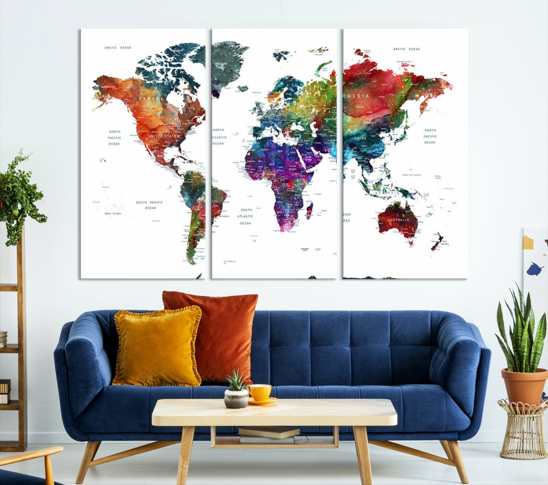 Colorful World Map Wall Art Print Grunge Map Canvas
