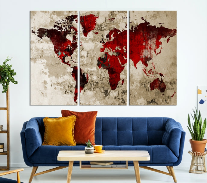 Art mural Carte du monde rouge grunge Impression sur toile