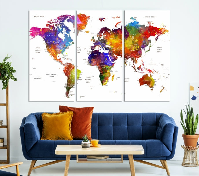 Watercolor World Map Push Pin Poster Print