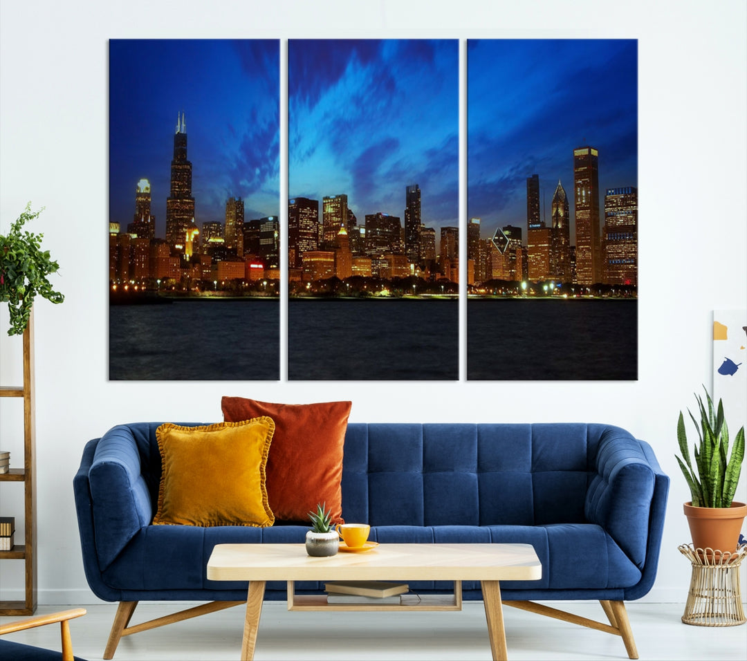 Chicago City Lights Night Blue Wall Art Impression sur toile