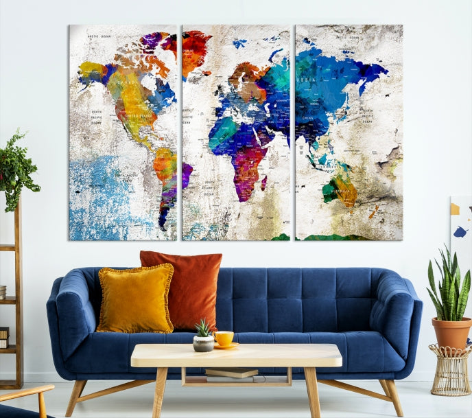 Carte du monde à punaise couleur arc-en-ciel Impression sur toile