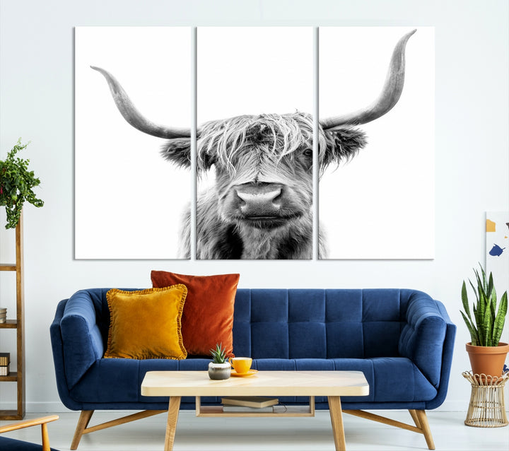 Highland Cow Canvas Wall Art Farmhouse Cow Black White Print