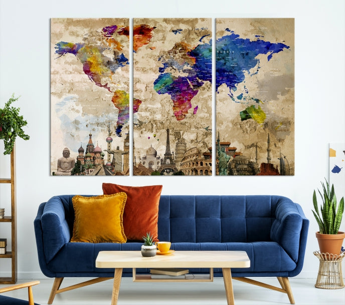 Beige Background World Map Wall Art Canvas Print