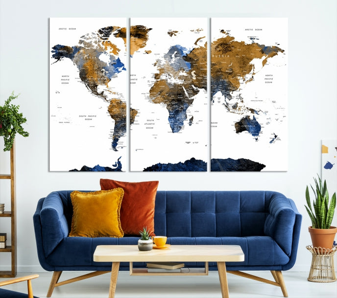 Carte du monde aquarelle Push Pin avec art mural de l’Antarctique