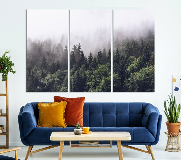 Impresión de lienzo grande de arte brumoso del bosque de moda, arte de la pared de la montaña de la obra de arte de los árboles del bosque brumoso